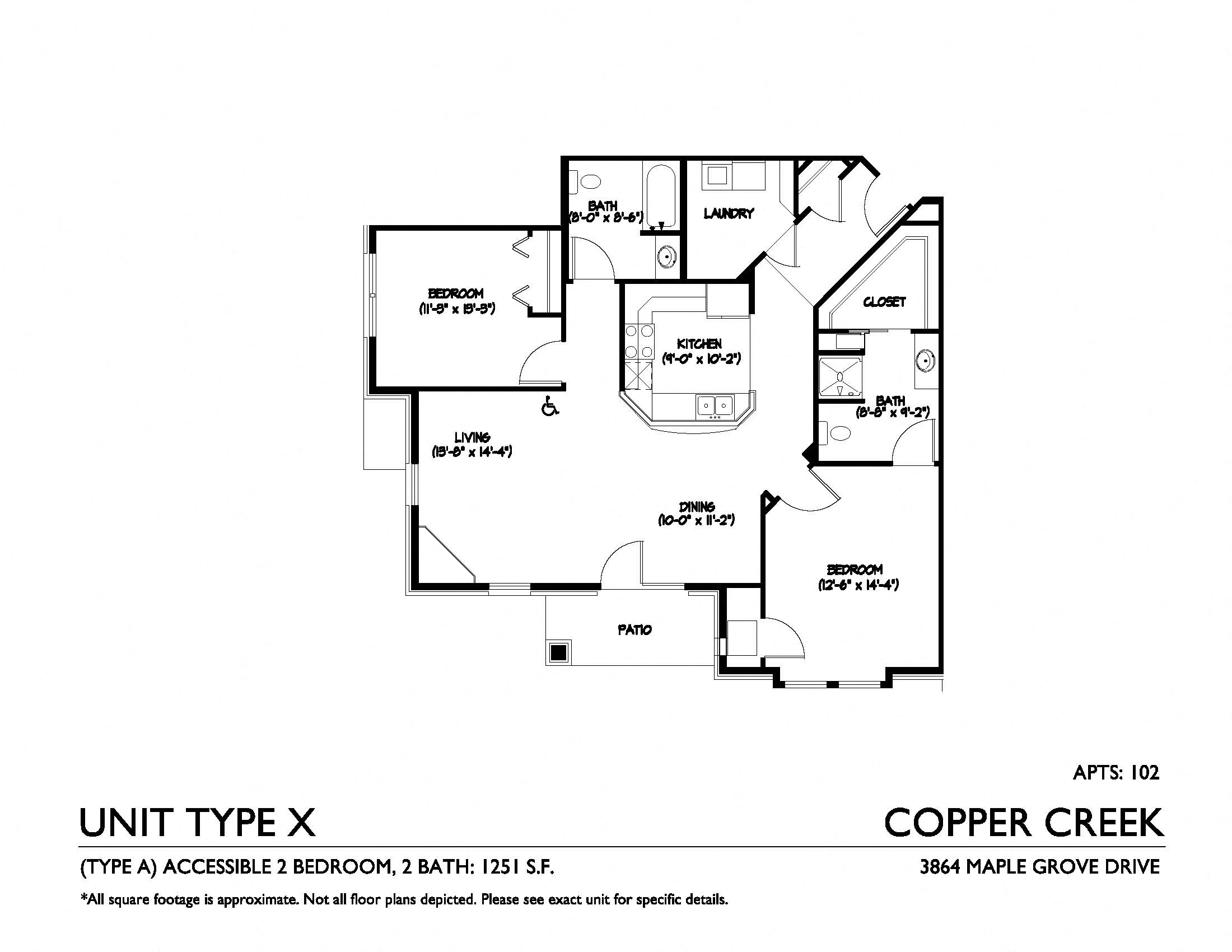 Floor plan for 2 beds, 2 baths, 1251 sqft